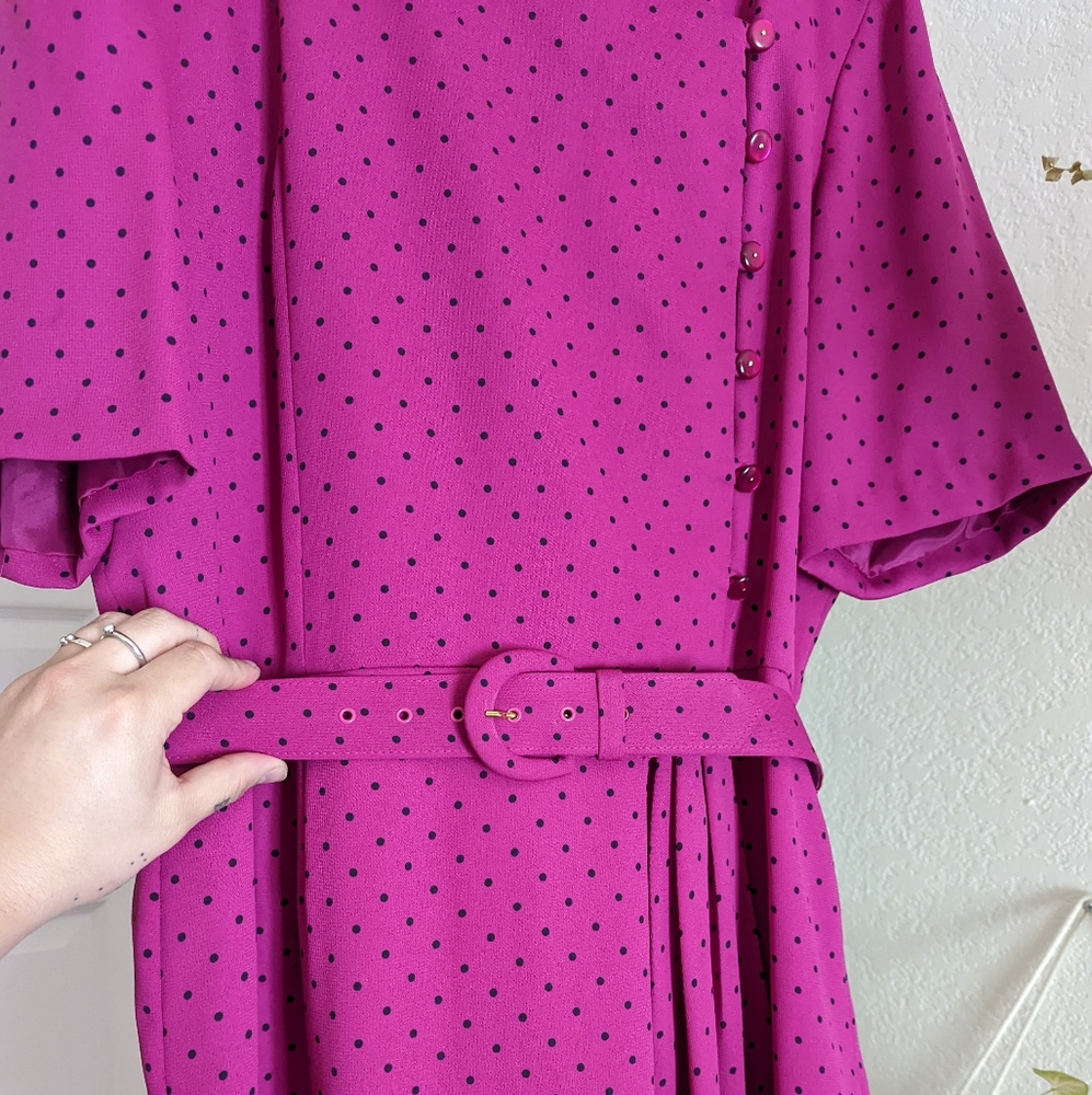 Vintage Chaus Dress · Late 80s · Pink & Black Polkadots · Size 16